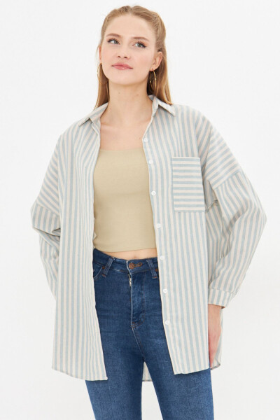 Women's Mint Striped Long Sleeve Pocket Detailed Pleated Ove - 3