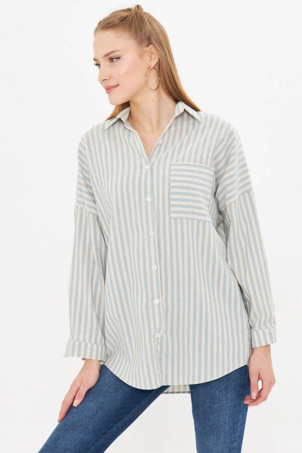 Women's Mint Striped Long Sleeve Pocket Detailed Pleated Ove - 4