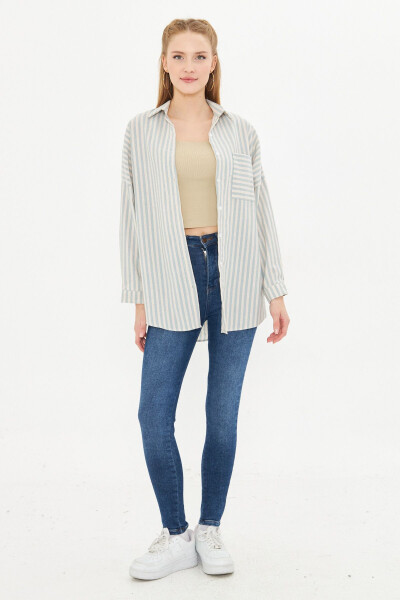 Women's Mint Striped Long Sleeve Pocket Detailed Pleated Ove - 5