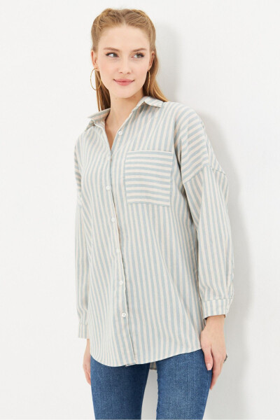 Women's Mint Striped Long Sleeve Pocket Detailed Pleated Ove - 6