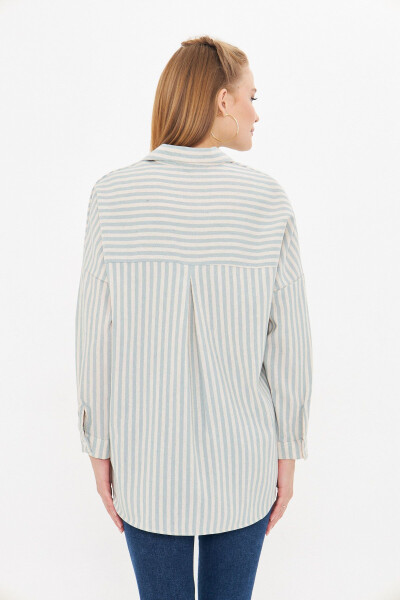 Women's Mint Striped Long Sleeve Pocket Detailed Pleated Ove - 7
