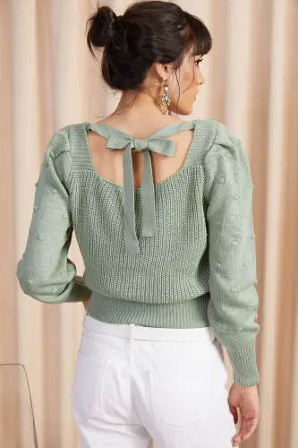 Women's Mint Tie Back Sleeve Pom Pom Knit Sweater KZK-19000212-MINT - 5