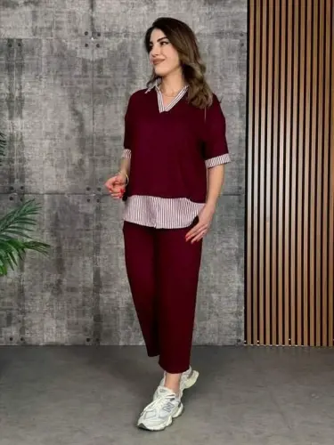 Women's Modal Fabric Striped Shirt Collar Two Piece Set - 1