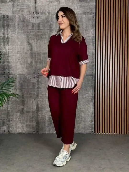 Women's Modal Fabric Striped Shirt Collar Two Piece Set - BÜYÜKBEDENIZ