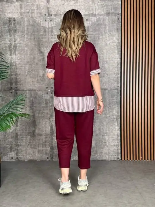 Women's Modal Fabric Striped Shirt Collar Two Piece Set - 2