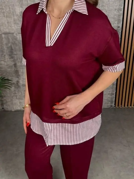 Women's Modal Fabric Striped Shirt Collar Two Piece Set - 3