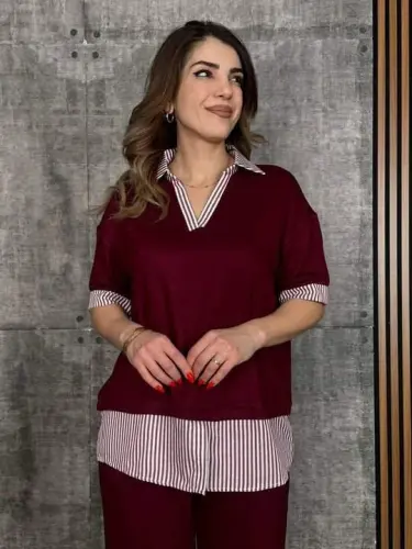 Women's Modal Fabric Striped Shirt Collar Two Piece Set - 4