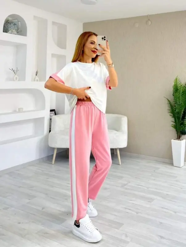 Women's Modal Textured Fabric Side Striped Set - BÜYÜKBEDENIZ