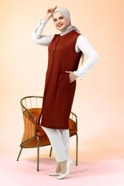 Women's Modest Clothing Long Summer Pocket Zipper Vest Terracotta - FERACE
