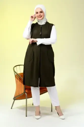 Women's Modest Clothing Long Summer Pocket Zippered Vest Khaki - 3
