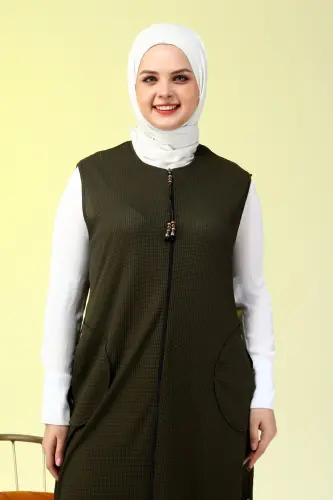 Women's Modest Clothing Long Summer Pocket Zippered Vest Khaki 