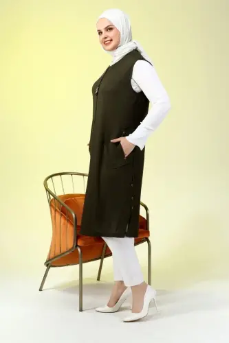 Women's Modest Clothing Long Summer Pocket Zippered Vest Khaki - 5