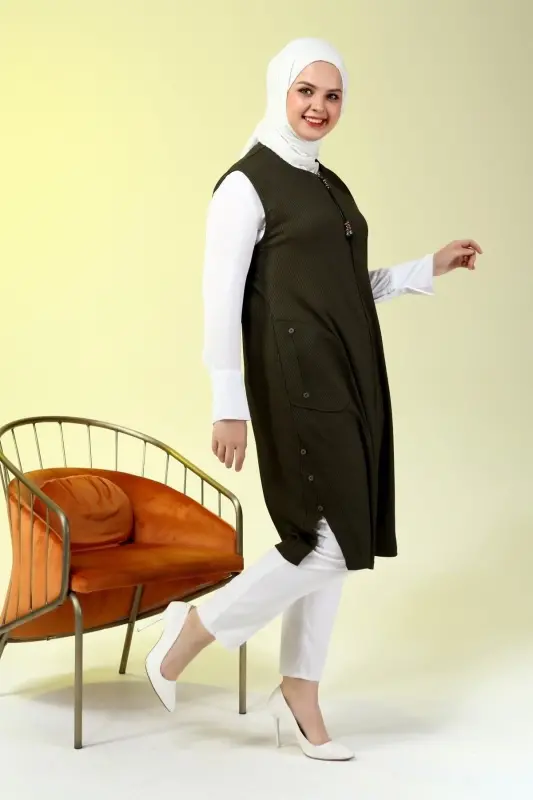 Women's Modest Clothing Long Summer Pocket Zippered Vest Khaki - 6