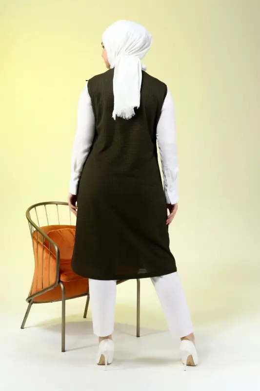 Women's Modest Clothing Long Summer Pocket Zippered Vest Khaki - 7