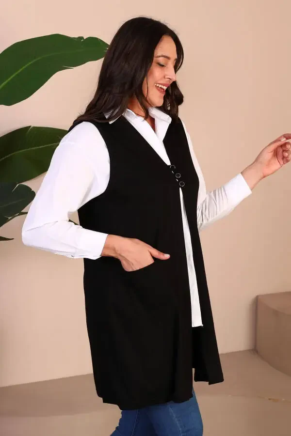Women's Modest Clothing Summer Lycra Vest Plus Size Buttoned Vest Black - 14