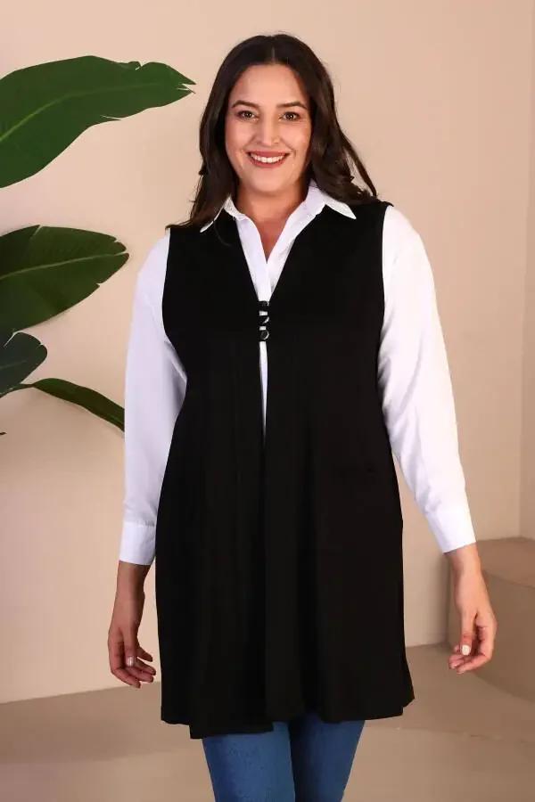 Women's Modest Clothing Summer Lycra Vest Plus Size Buttoned Vest Black - 4