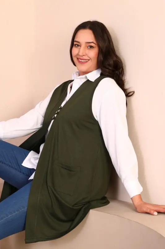 Women's Modest Clothing Summer Lycra Vest Plus Size Buttoned Vest Khaki - 8