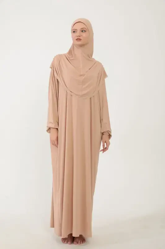 Women's Modest Cotton Headscarf Prayer Dress Lace Detailed One Piece Jersey Fabric-Beige - SONBAHARMODA