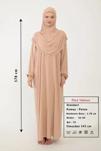 Women's Modest Cotton Headscarf Prayer Dress Lace Detailed One Piece Jersey Fabric-Beige - SONBAHARMODA (1)