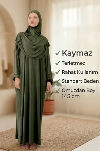 Women's Modest Cotton Headscarf Prayer Dress Lace Detailed One Piece Jersey Fabric-Khaki - 6