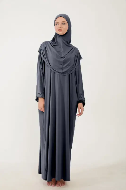 Women's Modest Cotton Headscarf Prayer Dress Lace Detailed One Piece Jersey Fabric-Smoked - SONBAHARMODA