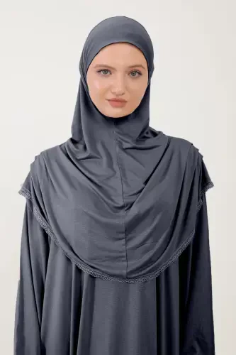 Women's Modest Cotton Headscarf Prayer Dress Lace Detailed One Piece Jersey Fabric-Smoked - SONBAHARMODA (1)