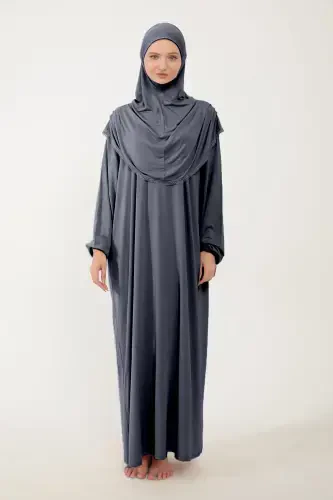 Women's Modest Cotton Headscarf Prayer Dress Lace Detailed One Piece Jersey Fabric-Smoked - 5