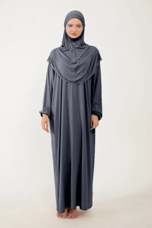 Women's Modest Cotton Headscarf Prayer Dress Lace Detailed One Piece Jersey Fabric-Smoked - 5