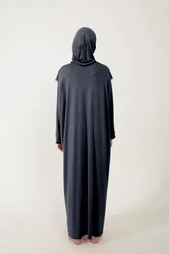 Women's Modest Cotton Headscarf Prayer Dress Lace Detailed One Piece Jersey Fabric-Smoked - 6