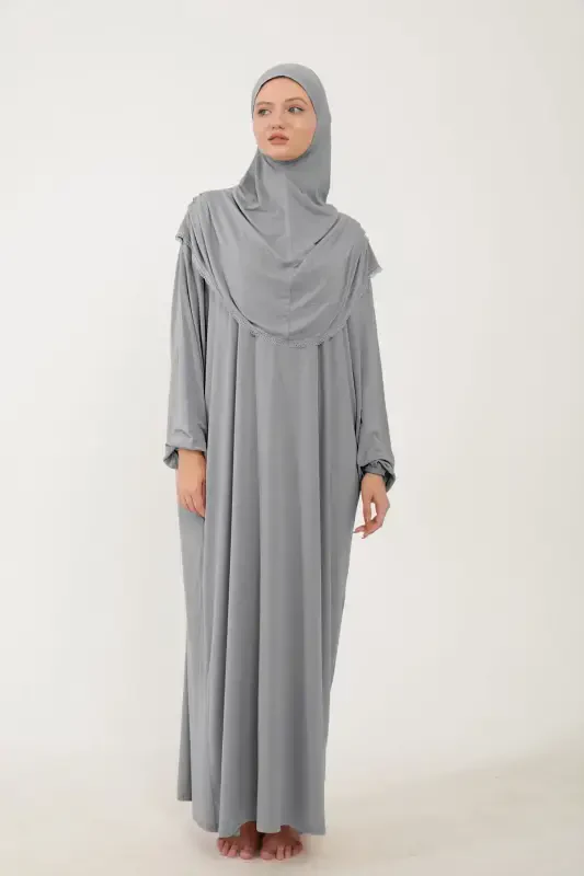 Women's Modest Cotton Headscarf Prayer Dress Lace Detailed One Piece Knitted Fabric-Gray - 1