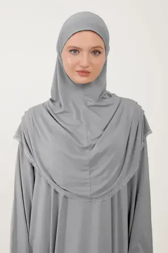 Women's Modest Cotton Headscarf Prayer Dress Lace Detailed One Piece Knitted Fabric-Gray - SONBAHARMODA (1)