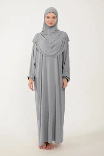 Women's Modest Cotton Headscarf Prayer Dress Lace Detailed One Piece Knitted Fabric-Gray - 4