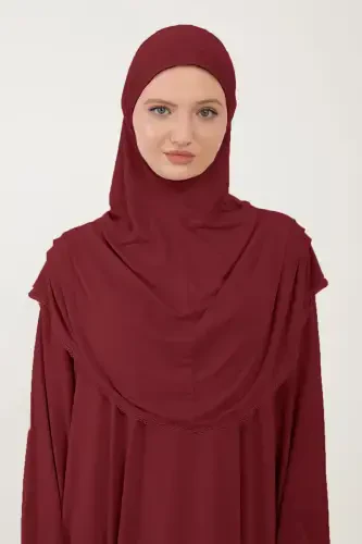Women's Modest Cotton Headscarf Prayer Dress Lace One Piece Jersey Fabric-Burgundy - SONBAHARMODA (1)
