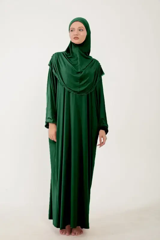 Women's Modest Cotton Headscarf Prayer Dress Lace One Piece Jersey Fabric-Green - SONBAHARMODA
