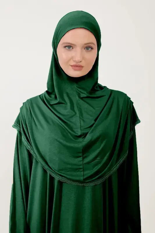 Women's Modest Cotton Headscarf Prayer Dress Lace One Piece Jersey Fabric-Green - 2