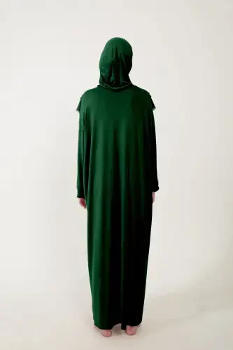 Women's Modest Cotton Headscarf Prayer Dress Lace One Piece Jersey Fabric-Green - 3