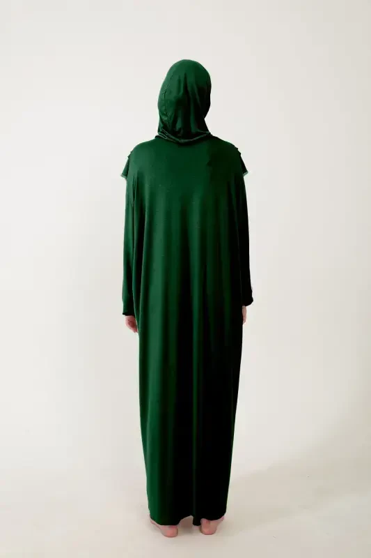 Women's Modest Cotton Headscarf Prayer Dress Lace One Piece Jersey Fabric-Green - 3