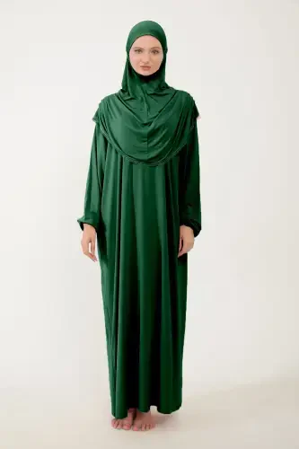 Women's Modest Cotton Headscarf Prayer Dress Lace One Piece Jersey Fabric-Green - 4