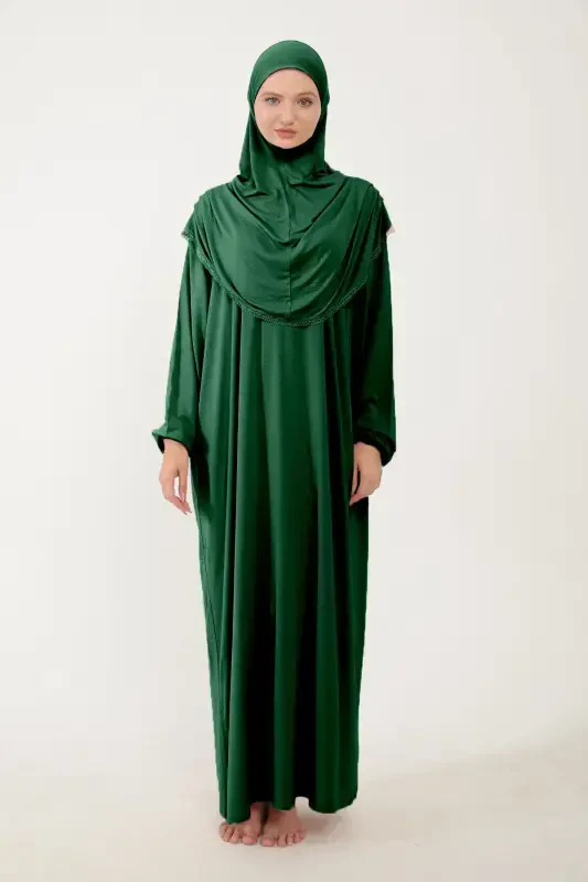 Women's Modest Cotton Headscarf Prayer Dress Lace One Piece Jersey Fabric-Green - 4