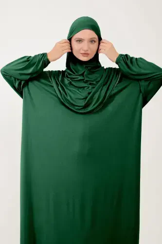 Women's Modest Cotton Headscarf Prayer Dress Lace One Piece Jersey Fabric-Green - 5