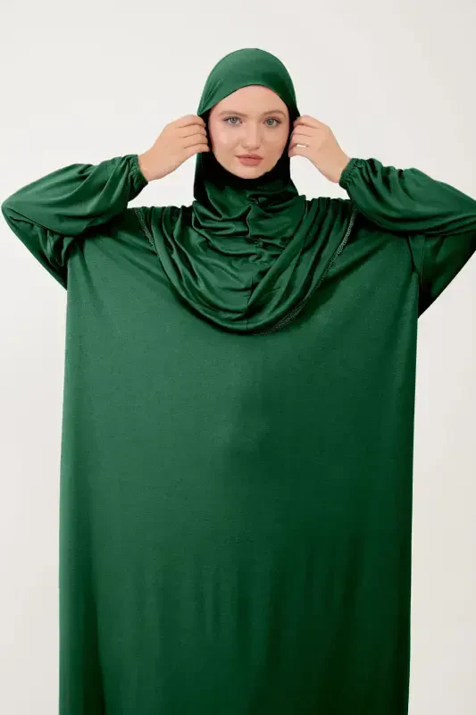 Women's Modest Cotton Headscarf Prayer Dress Lace One Piece Jersey Fabric-Green - 5