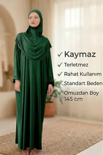Women's Modest Cotton Headscarf Prayer Dress Lace One Piece Jersey Fabric-Green - 6