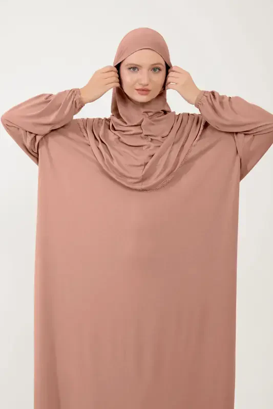 Women's Modest Cotton Headscarf Prayer Dress Lace One-Piece Jersey Fabric-Rosewater - 3