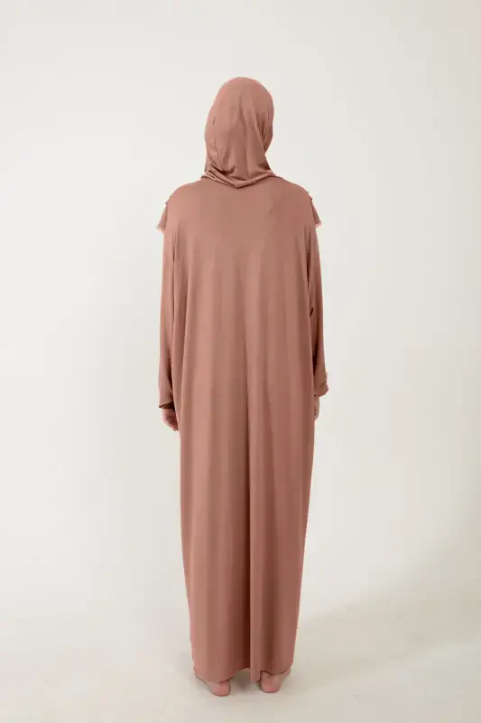 Women's Modest Cotton Headscarf Prayer Dress Lace One-Piece Jersey Fabric-Rosewater - 4