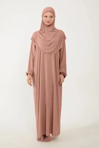 Women's Modest Cotton Headscarf Prayer Dress Lace One-Piece Jersey Fabric-Rosewater - 5