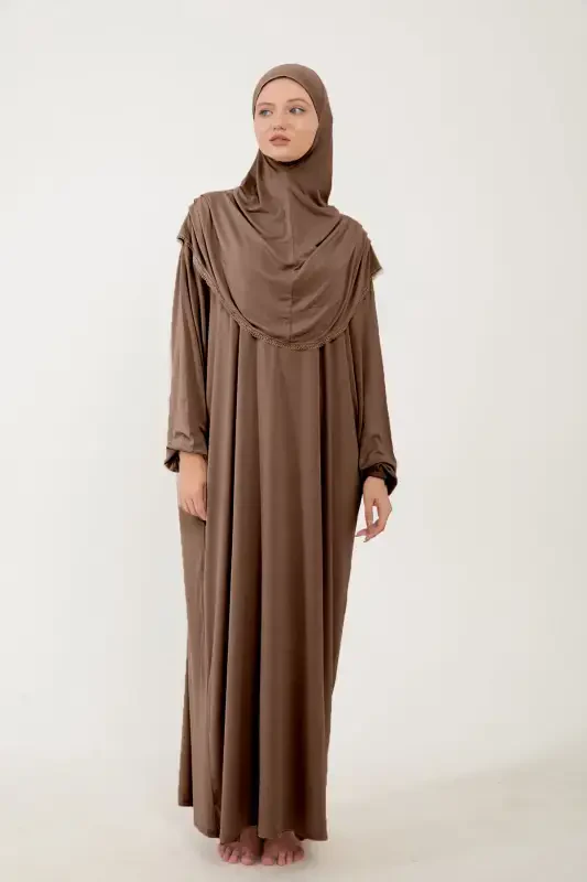 Women's Modest Cotton Headscarf Prayer Dress Lace One Piece Knitted Fabric-Chocolate - 1