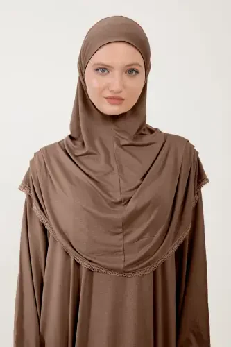 Women's Modest Cotton Headscarf Prayer Dress Lace One Piece Knitted Fabric-Chocolate - SONBAHARMODA (1)