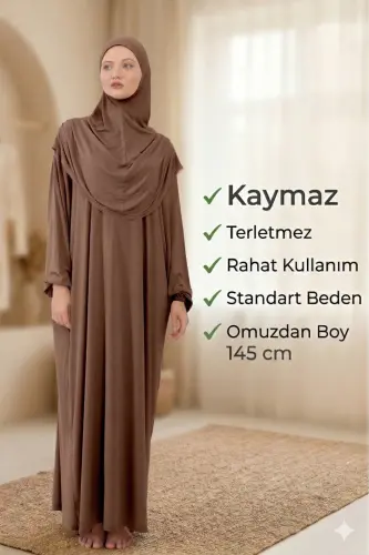 Women's Modest Cotton Headscarf Prayer Dress Lace One Piece Knitted Fabric-Chocolate - 6