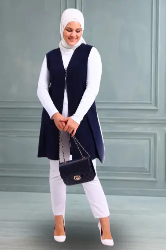 Women's Modest Lycra Buttoned Long Mother Vest Navy Blue-Navy Blue 