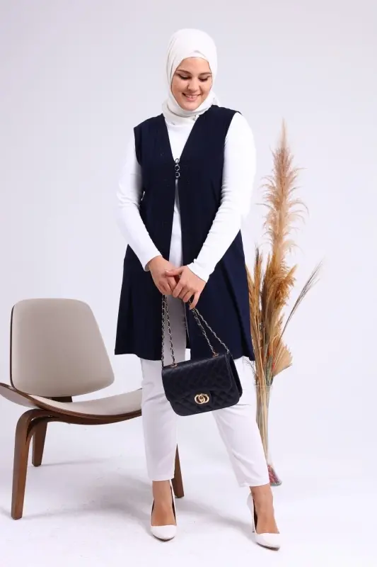 Women's Modest Lycra Buttoned Long Mother Vest Navy Blue-Navy Blue - 3